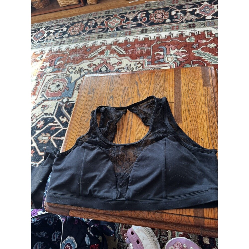 FABLETICS Size XXL Large Black Deep V Neck Lace Racerback Padded Sports Bra